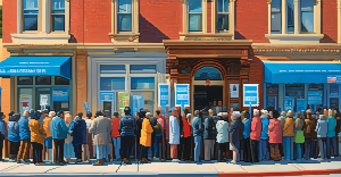 A group of diverse voters waiting in line outside a polling station on election day in San Francisco, with campaign signs and Victorian architecture in the background.