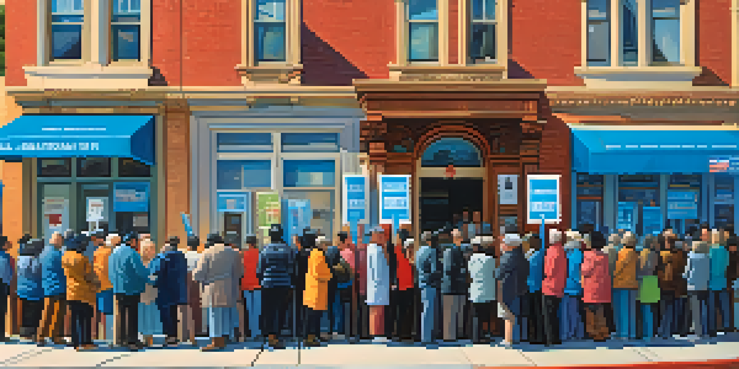 A group of diverse voters waiting in line outside a polling station on election day in San Francisco, with campaign signs and Victorian architecture in the background.