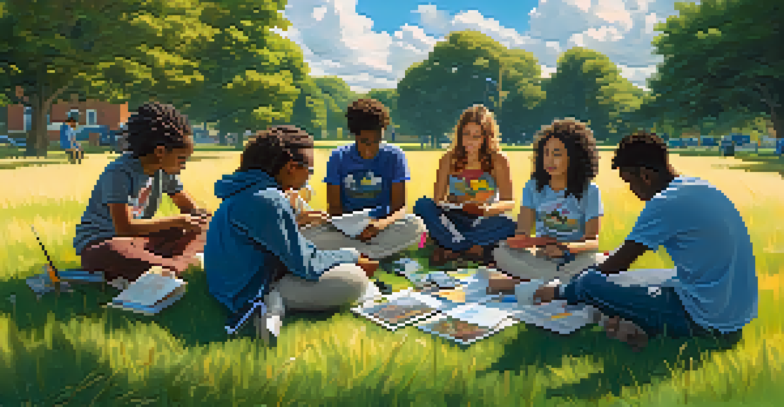 A group of young activists collaborating on a community project in a grassy field, with art supplies and laptops around them under a blue sky.