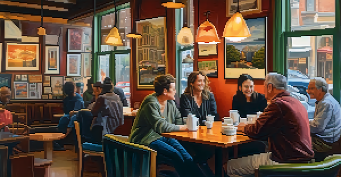 A warm and inviting coffee shop in San Francisco with local art and artisans engaging in conversation.