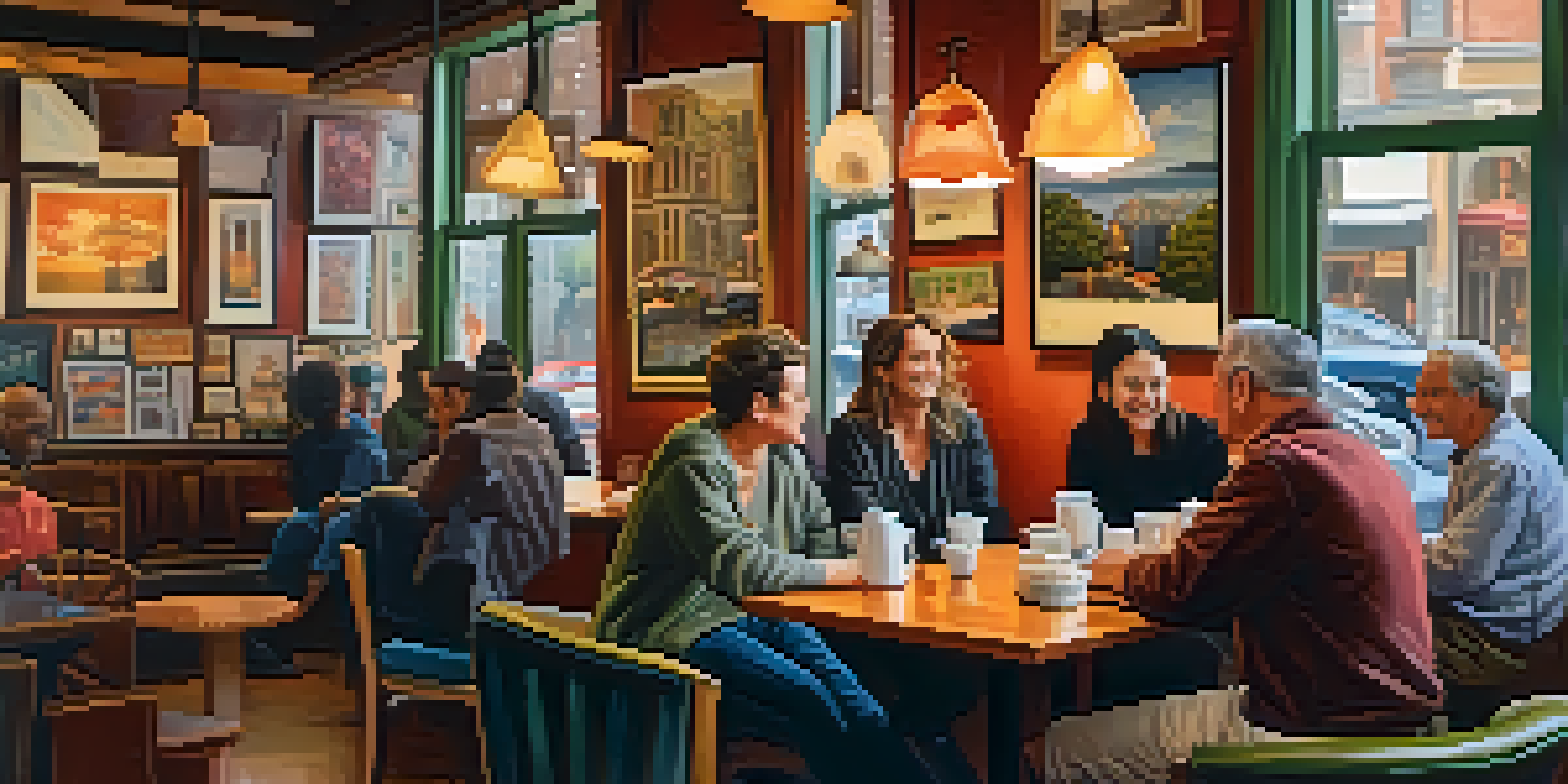 A warm and inviting coffee shop in San Francisco with local art and artisans engaging in conversation.