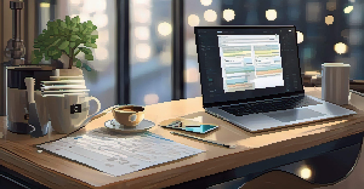 A close-up of a laptop showing blockchain code, with notes and a coffee cup on a desk, illuminated by natural light.