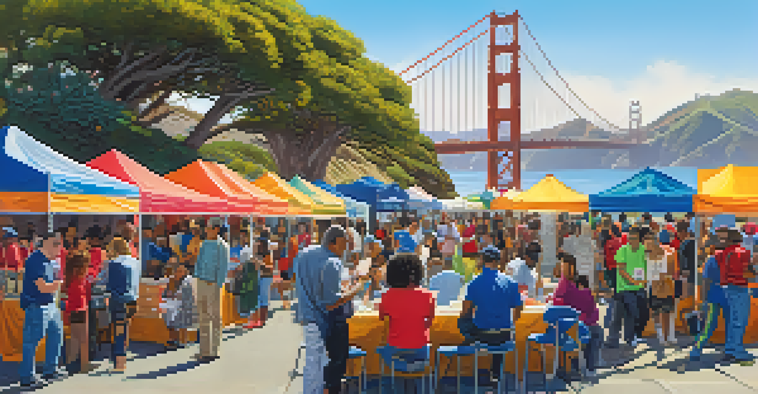 A diverse group of citizens at a community voter registration event in San Francisco, with colorful booths and the Golden Gate Bridge in the background.