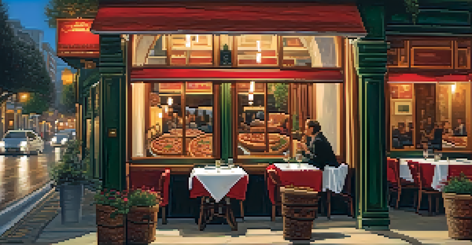 A rustic Italian trattoria table with margherita pizza and red wine, warm lighting, and street performers visible outside the window.