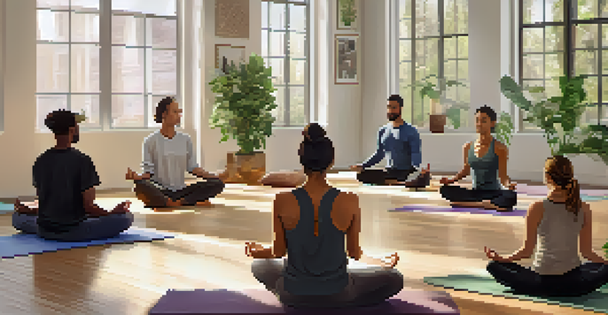 A peaceful meditation studio with large windows, natural light, and a diverse group of people practicing mindfulness on yoga mats.