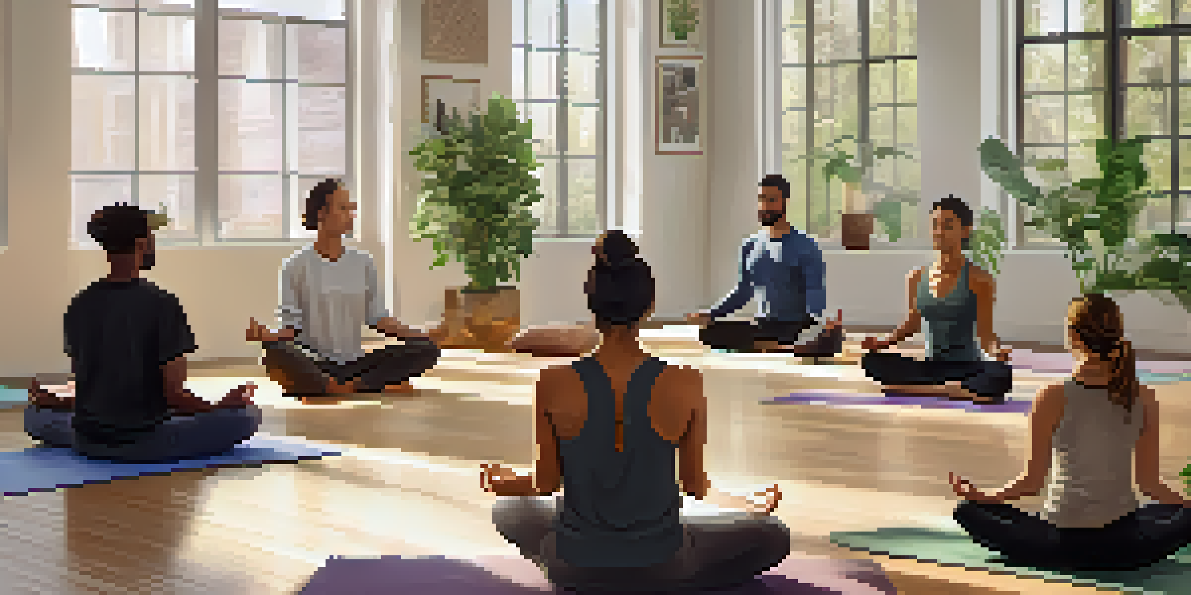 A peaceful meditation studio with large windows, natural light, and a diverse group of people practicing mindfulness on yoga mats.