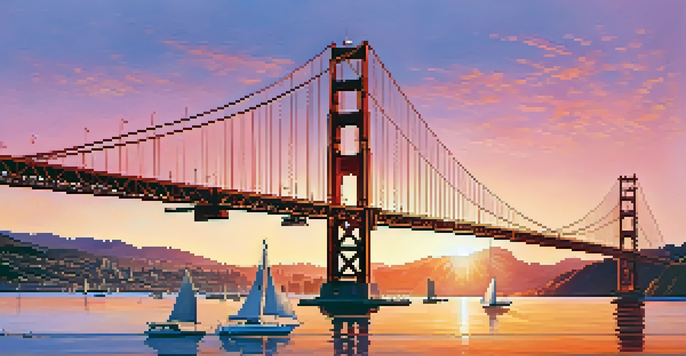 A sunset view of the San Francisco skyline with the Golden Gate Bridge, filled with warm colors and silhouettes of people and boats.