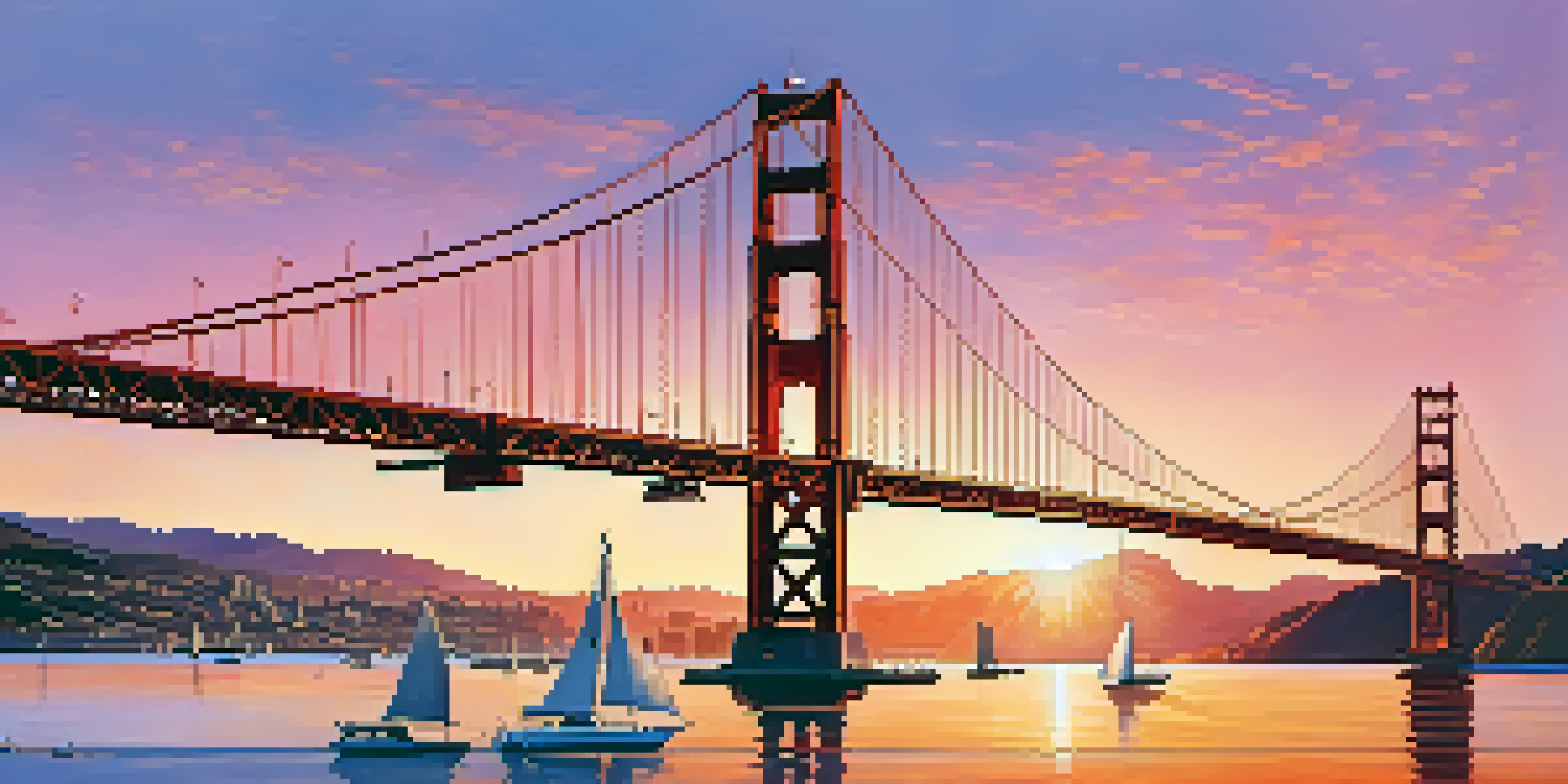 A sunset view of the San Francisco skyline with the Golden Gate Bridge, filled with warm colors and silhouettes of people and boats.