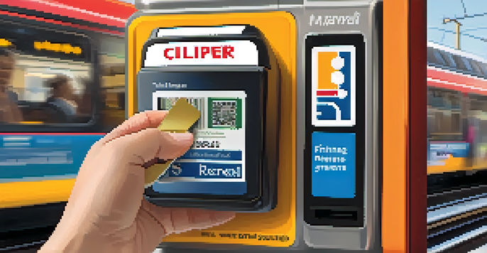 A close-up view of a Clipper card being used at a fare reader in a busy Muni station, with vibrant transit signs in the background.
