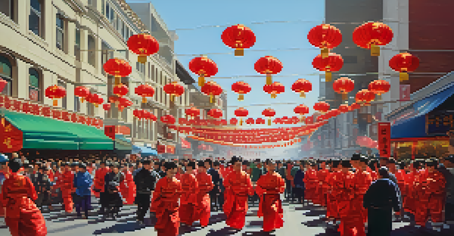 A festive scene from the Chinese New Year Parade in San Francisco, featuring traditional attire, dragon dancers, and colorful decorations.