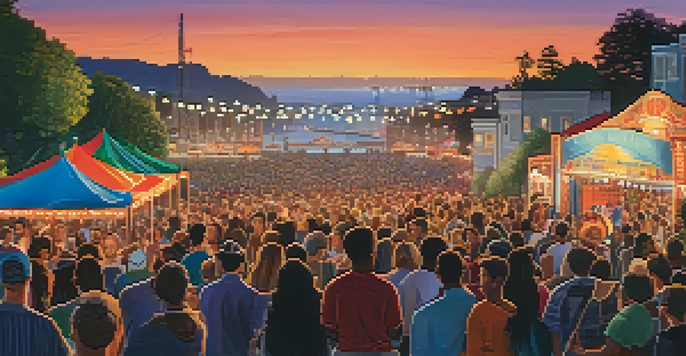 A lively folk music festival in San Francisco with diverse musicians on stage and an engaged audience enjoying the music during sunset.