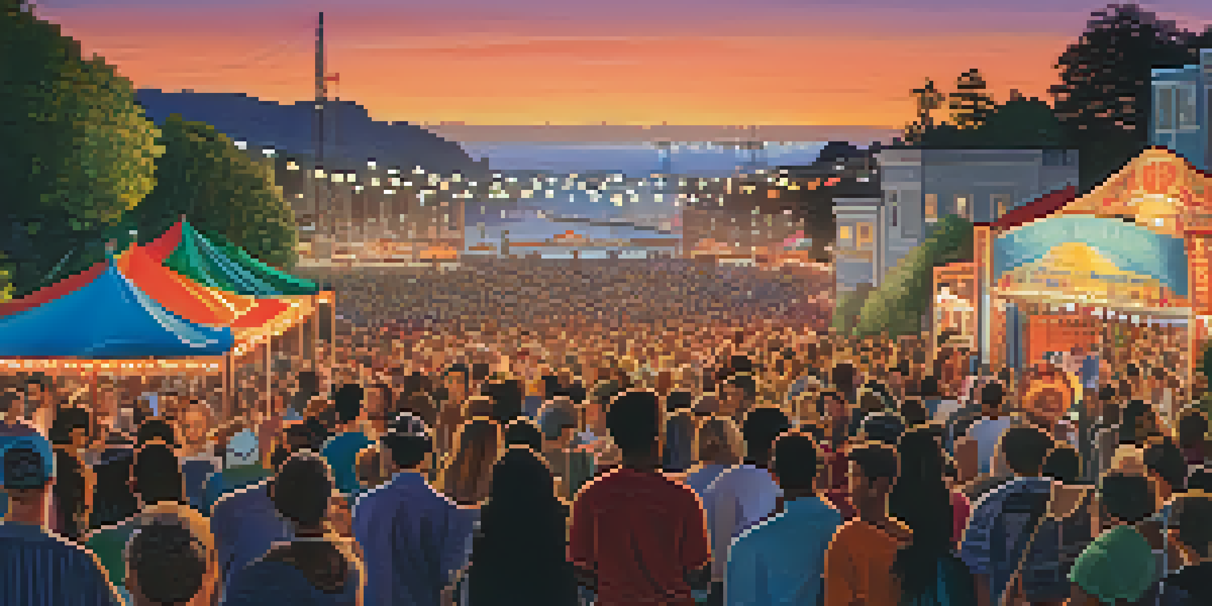 A lively folk music festival in San Francisco with diverse musicians on stage and an engaged audience enjoying the music during sunset.