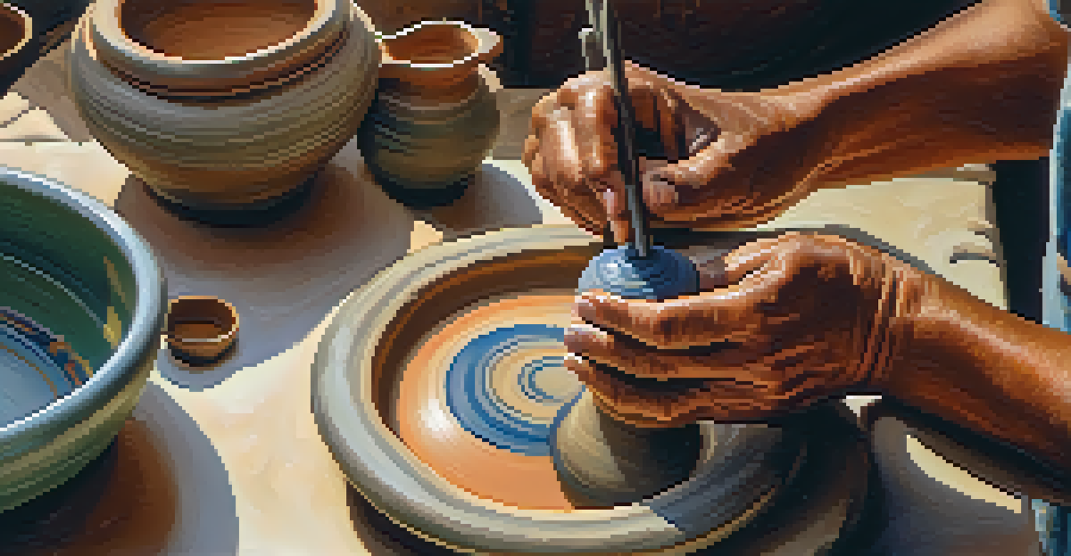 A close-up of an artisan's hands shaping pottery, surrounded by colorful clay and tools, demonstrating intricate craftsmanship.