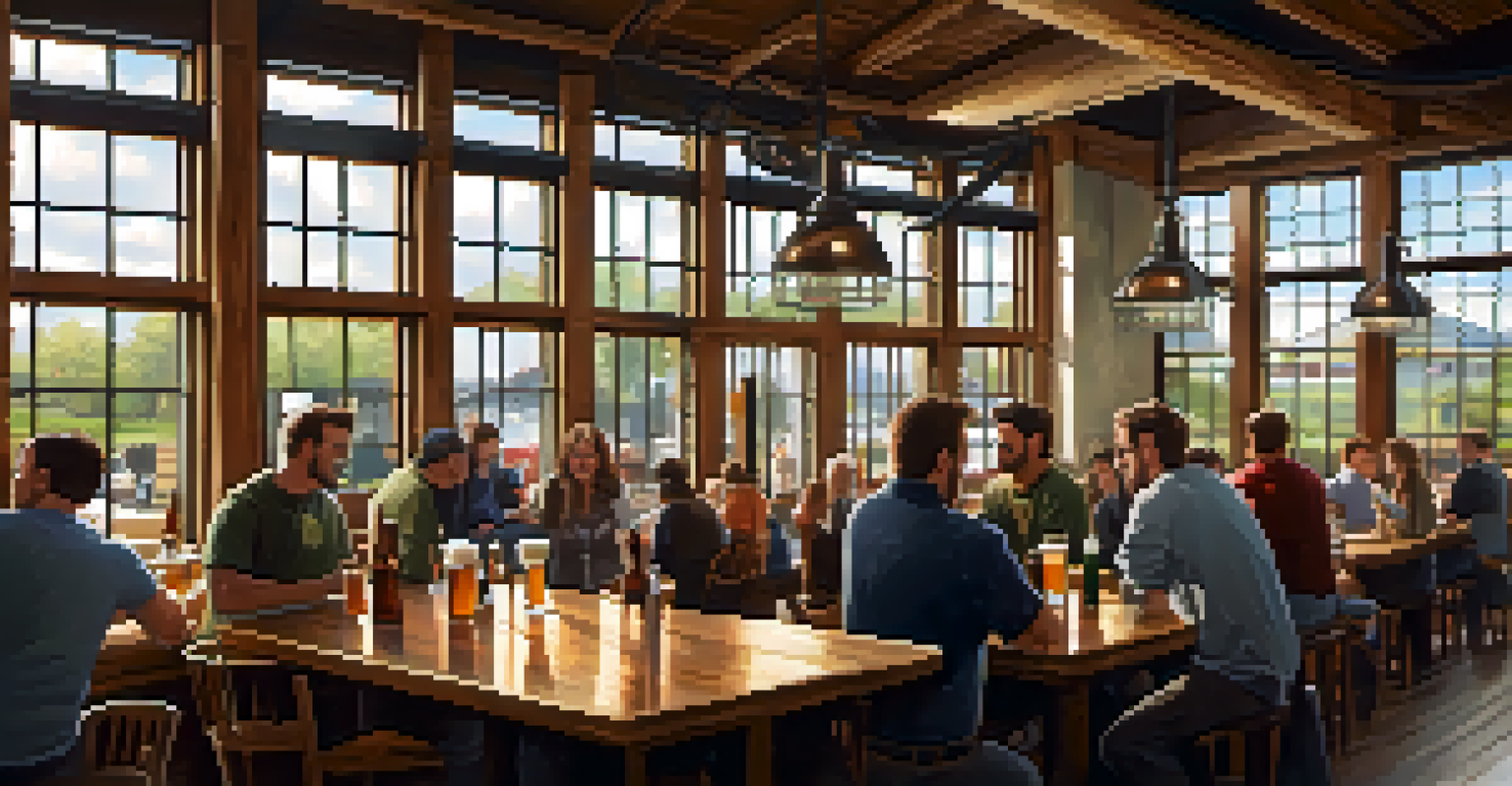 An interior view of a brewery with patrons enjoying craft beer tasting, featuring bright natural light and rustic decor.