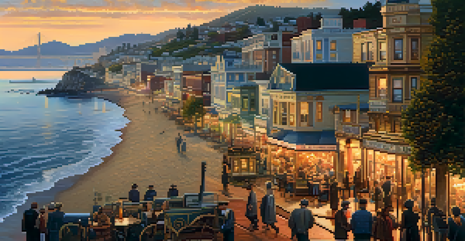 A panoramic view of North Beach showcasing Gold Rush-era architecture and vibrant street life against a sunset backdrop.