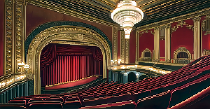 Interior view of the Curran Theatre, featuring red velvet seats and a grand chandelier under warm lighting.