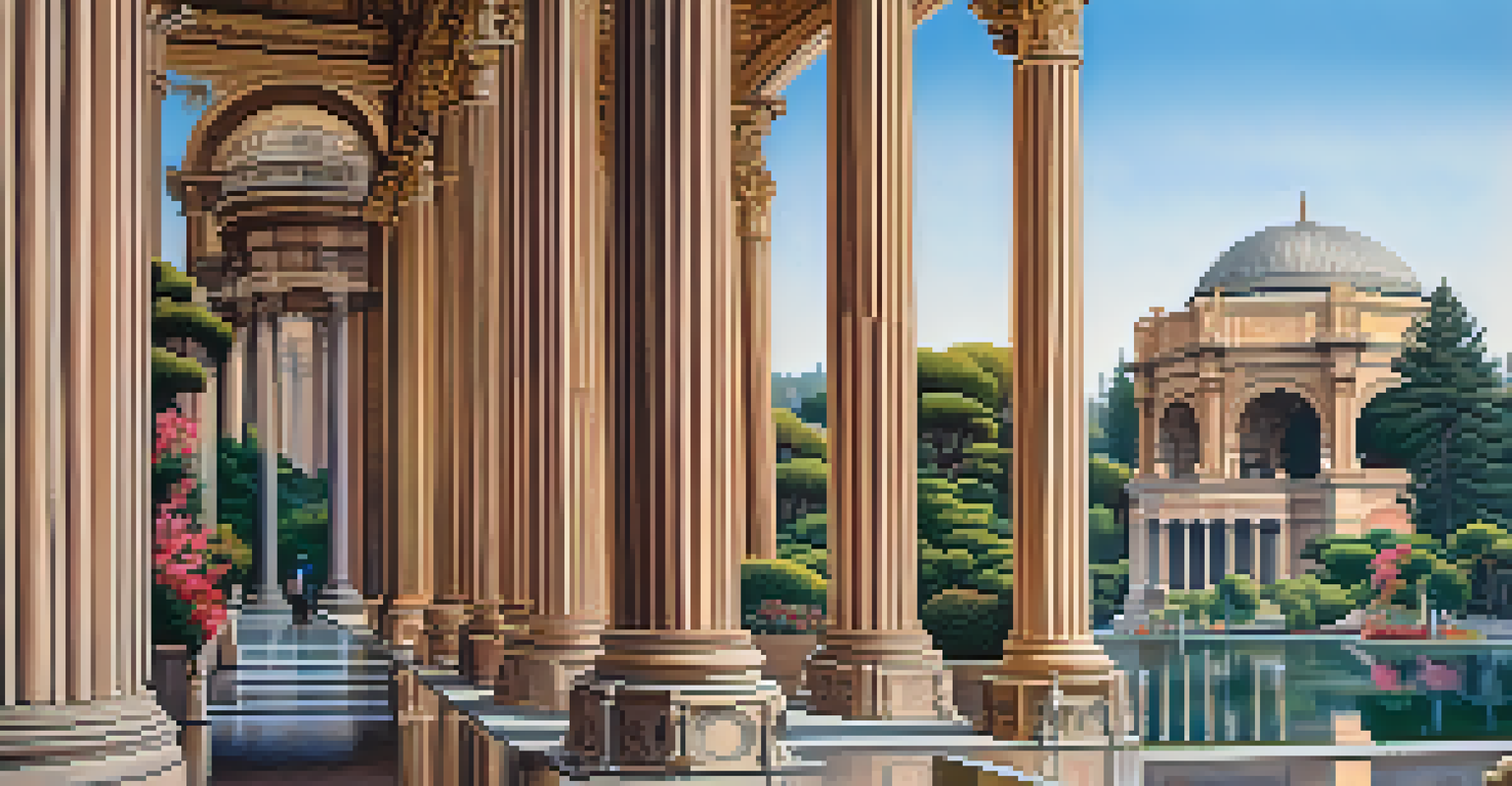 A detailed view of the sculptures on the columns of the Palace of Fine Arts, surrounded by colorful flowers and pathways.