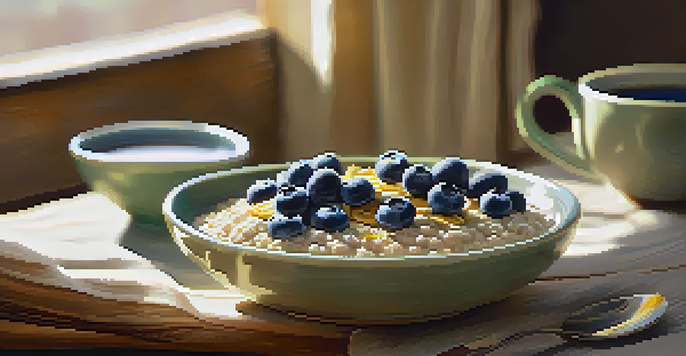 A bowl of oatmeal topped with blueberries, bananas, and chia seeds, alongside a cup of green tea on a wooden table in soft morning light.