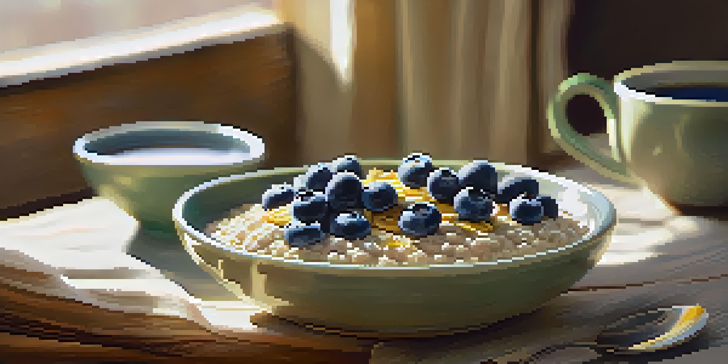 A bowl of oatmeal topped with blueberries, bananas, and chia seeds, alongside a cup of green tea on a wooden table in soft morning light.