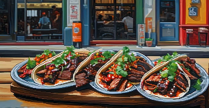 A plate of Korean BBQ tacos filled with marinated short ribs, fresh salsa, and spicy kimchi, placed on a rustic wooden table with colorful street art in the background.