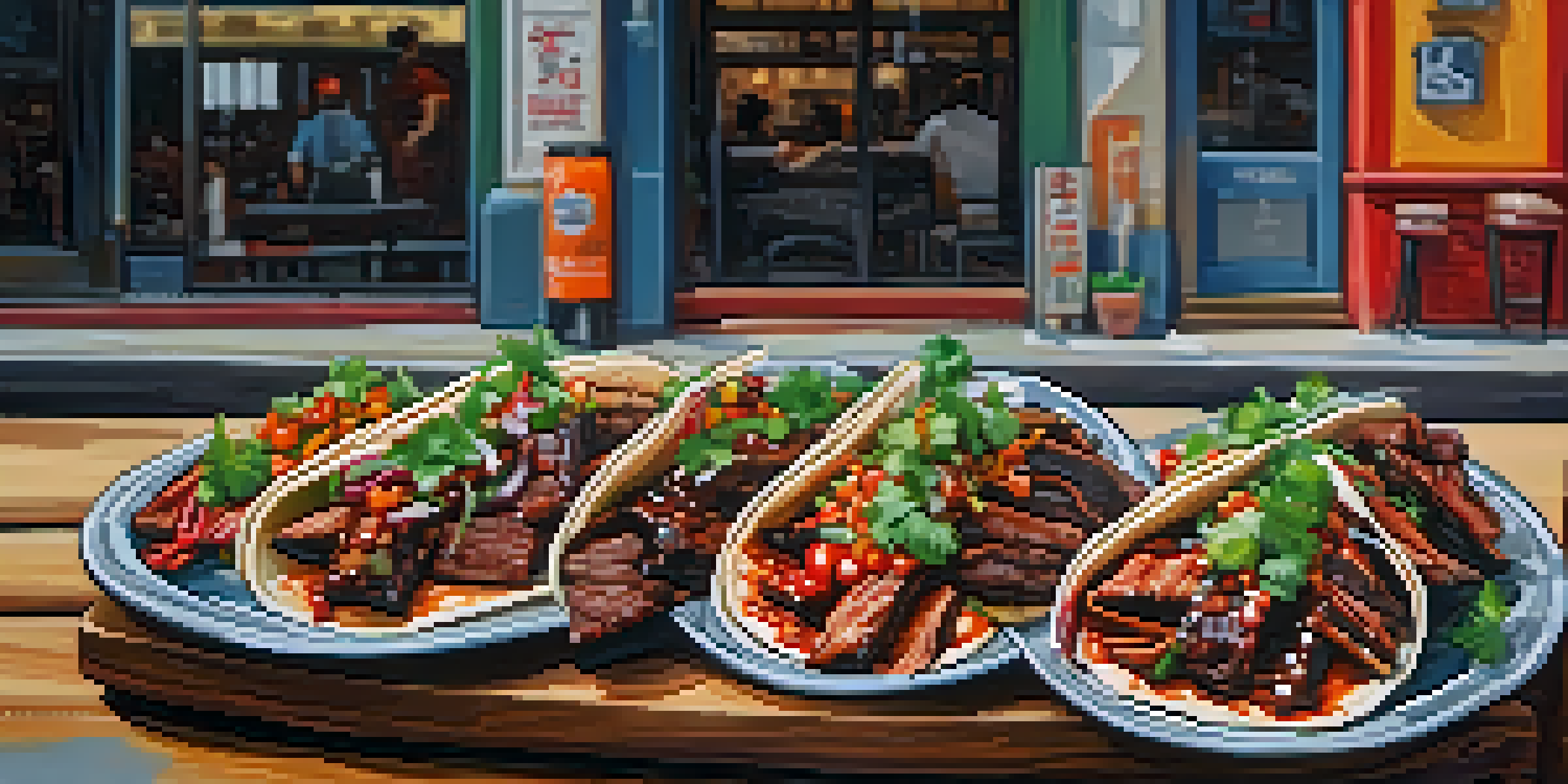 A plate of Korean BBQ tacos filled with marinated short ribs, fresh salsa, and spicy kimchi, placed on a rustic wooden table with colorful street art in the background.