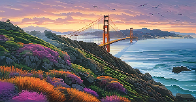A scenic sunset over San Francisco's coastline with the Golden Gate Bridge in the background, rocky shores, and vibrant sky colors.