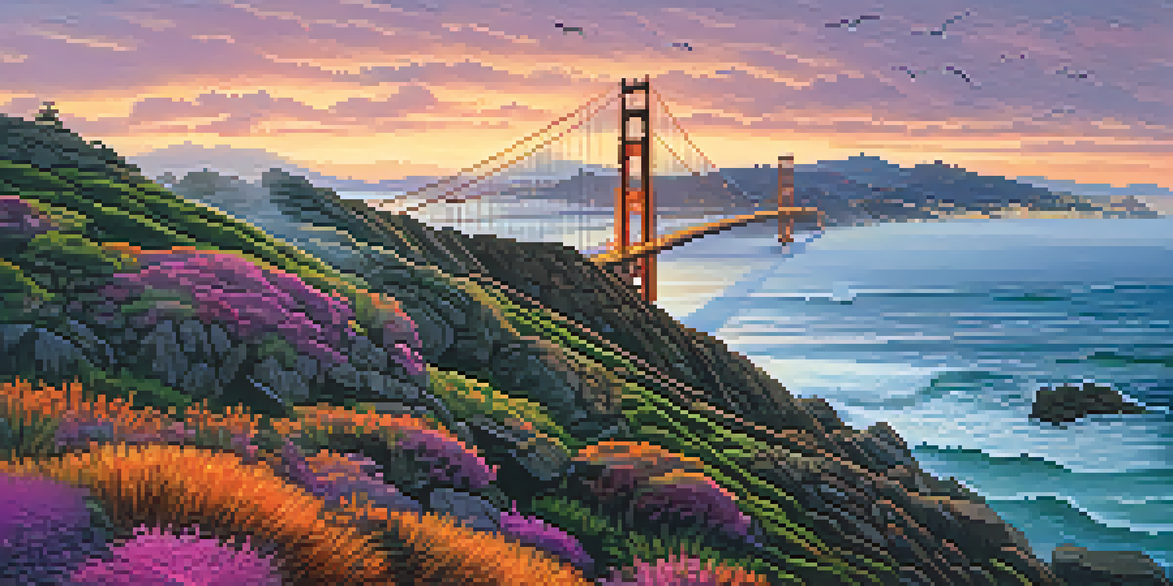 A scenic sunset over San Francisco's coastline with the Golden Gate Bridge in the background, rocky shores, and vibrant sky colors.