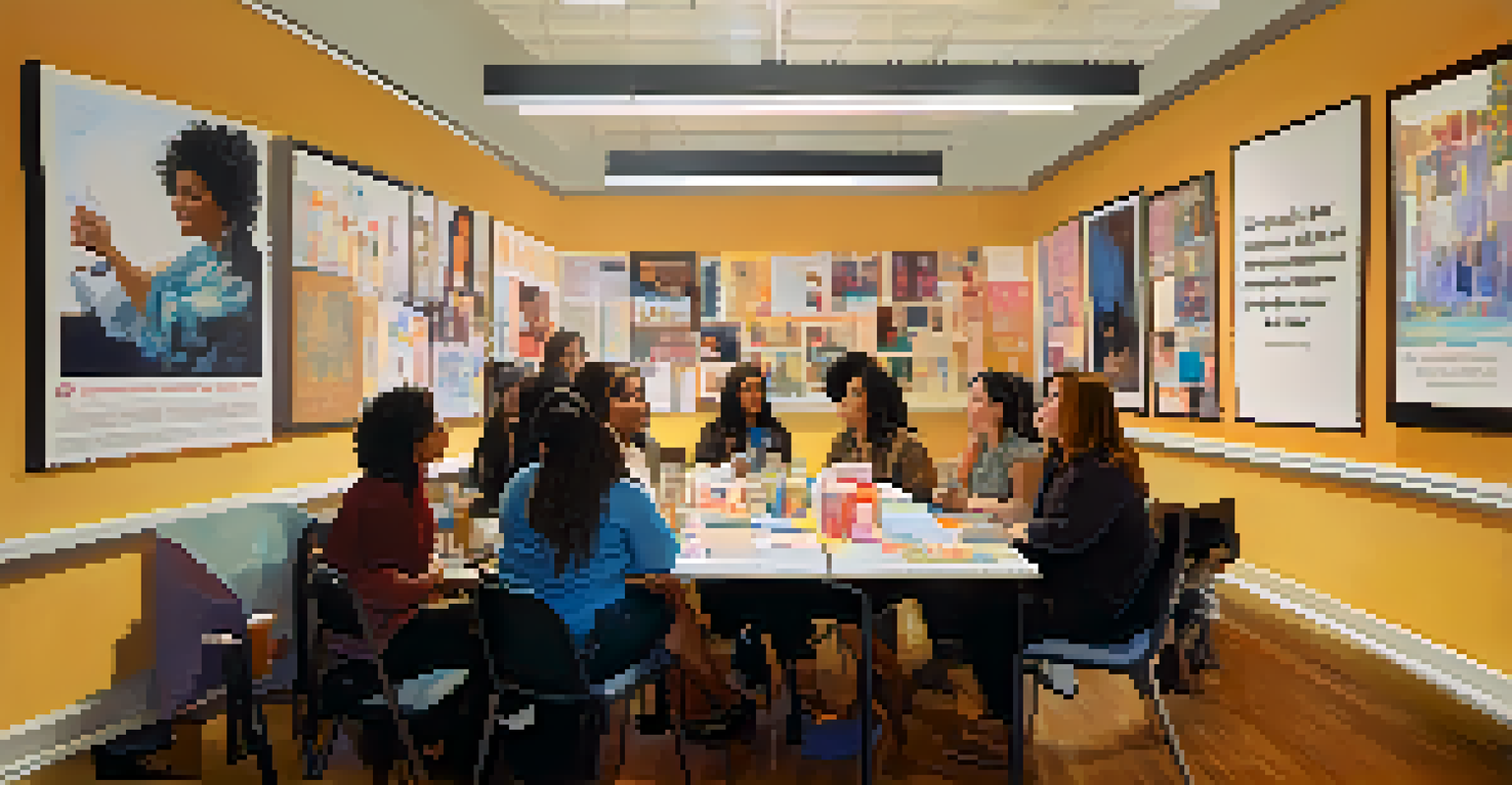 Women participating in a workshop at the San Francisco Women's Center, discussing women's rights with resource materials on the table.