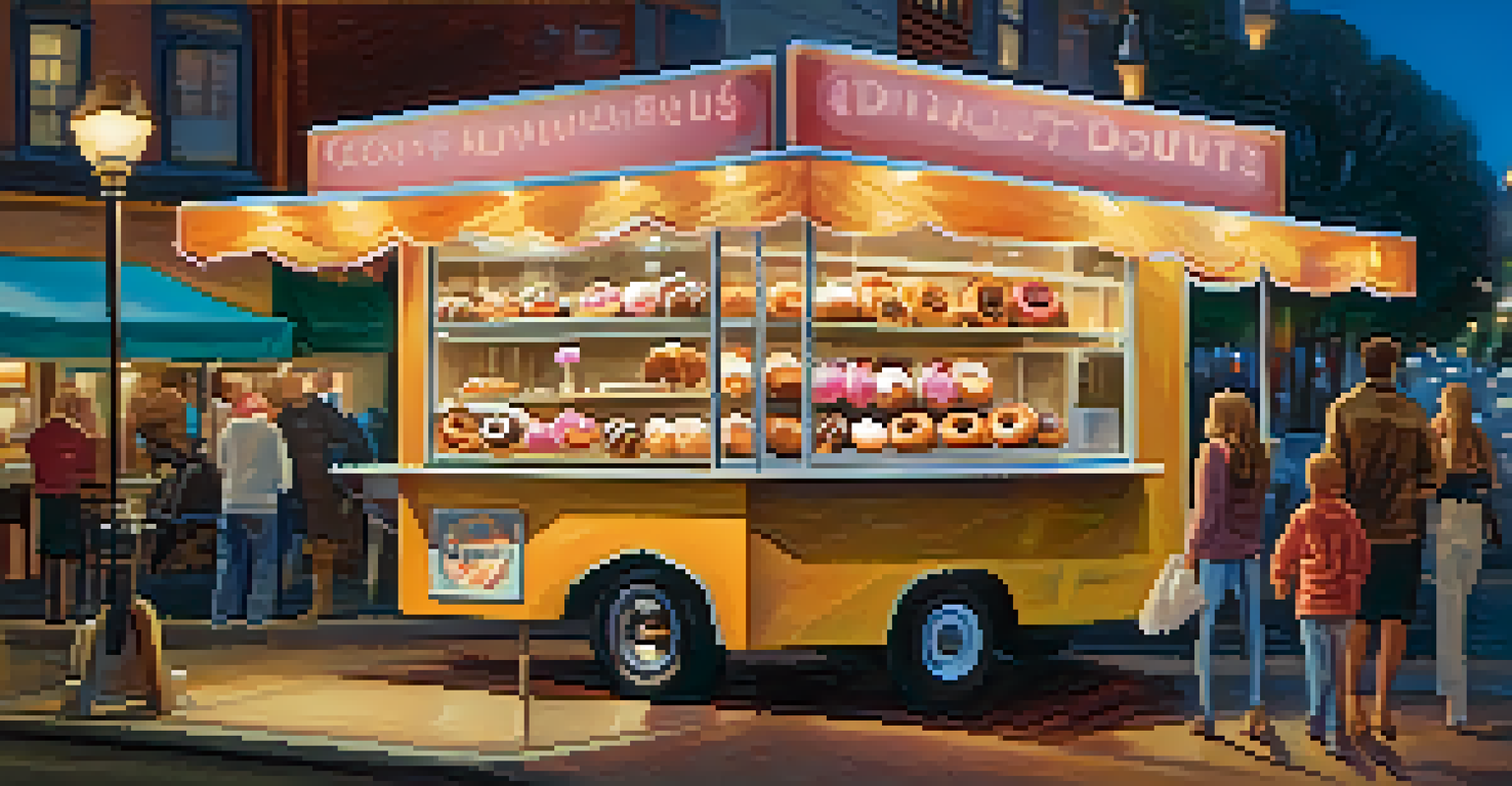 An artisanal donut food truck with a variety of decorated donuts, set in a bustling San Francisco street with evening lights.