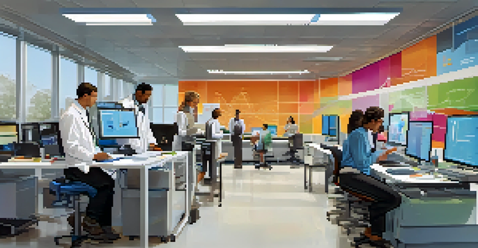 A modern research lab with diverse scientists collaborating over a workstation, surrounded by high-tech equipment and natural light.