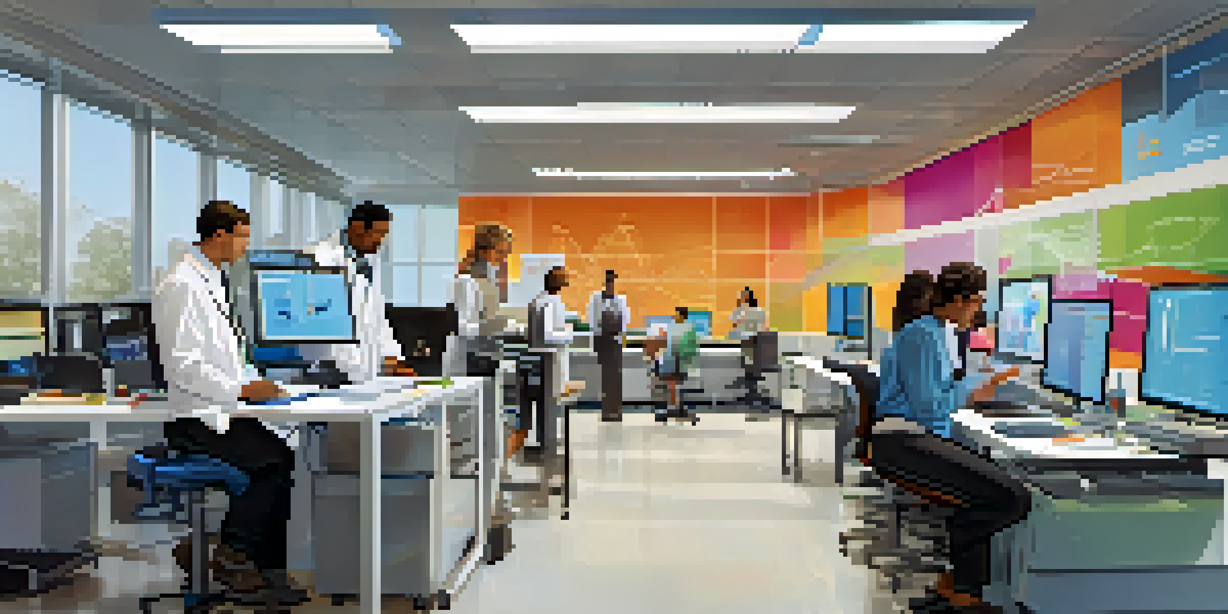 A modern research lab with diverse scientists collaborating over a workstation, surrounded by high-tech equipment and natural light.