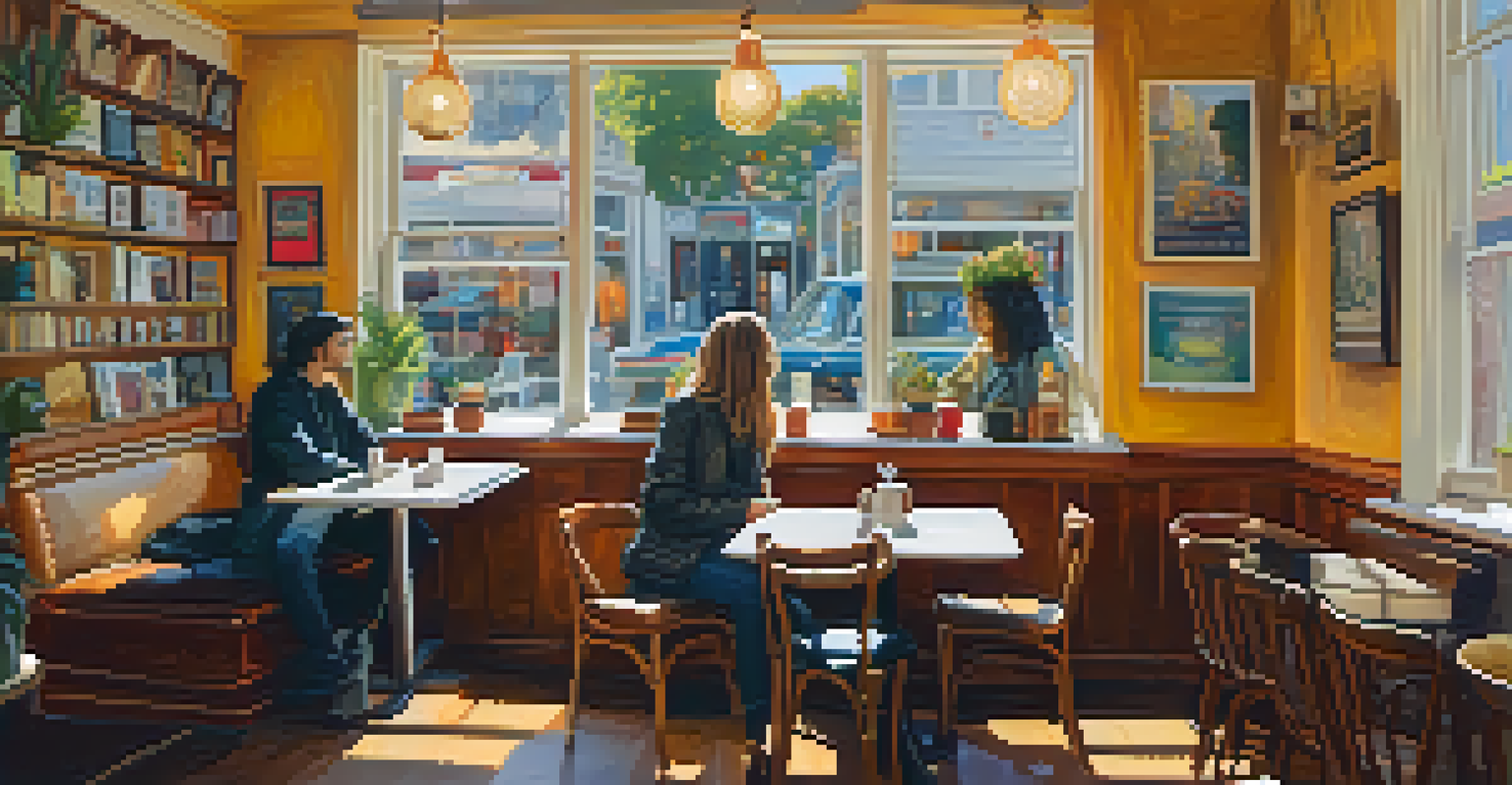 An indoor view of a cozy café in Haight-Ashbury with eclectic decor, customers enjoying coffee, and warm sunlight streaming in.