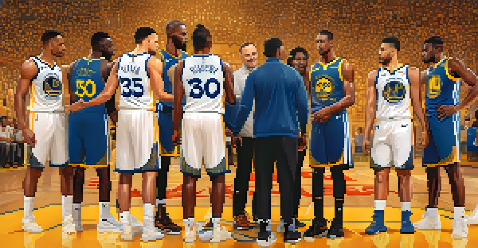 A diverse group of basketball players and fans standing in a circle, holding hands on a basketball court.
