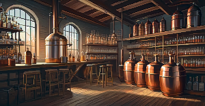 Interior of a craft distillery with copper stills, wooden tasting bar, and shelves of spirits, all warmly lit.
