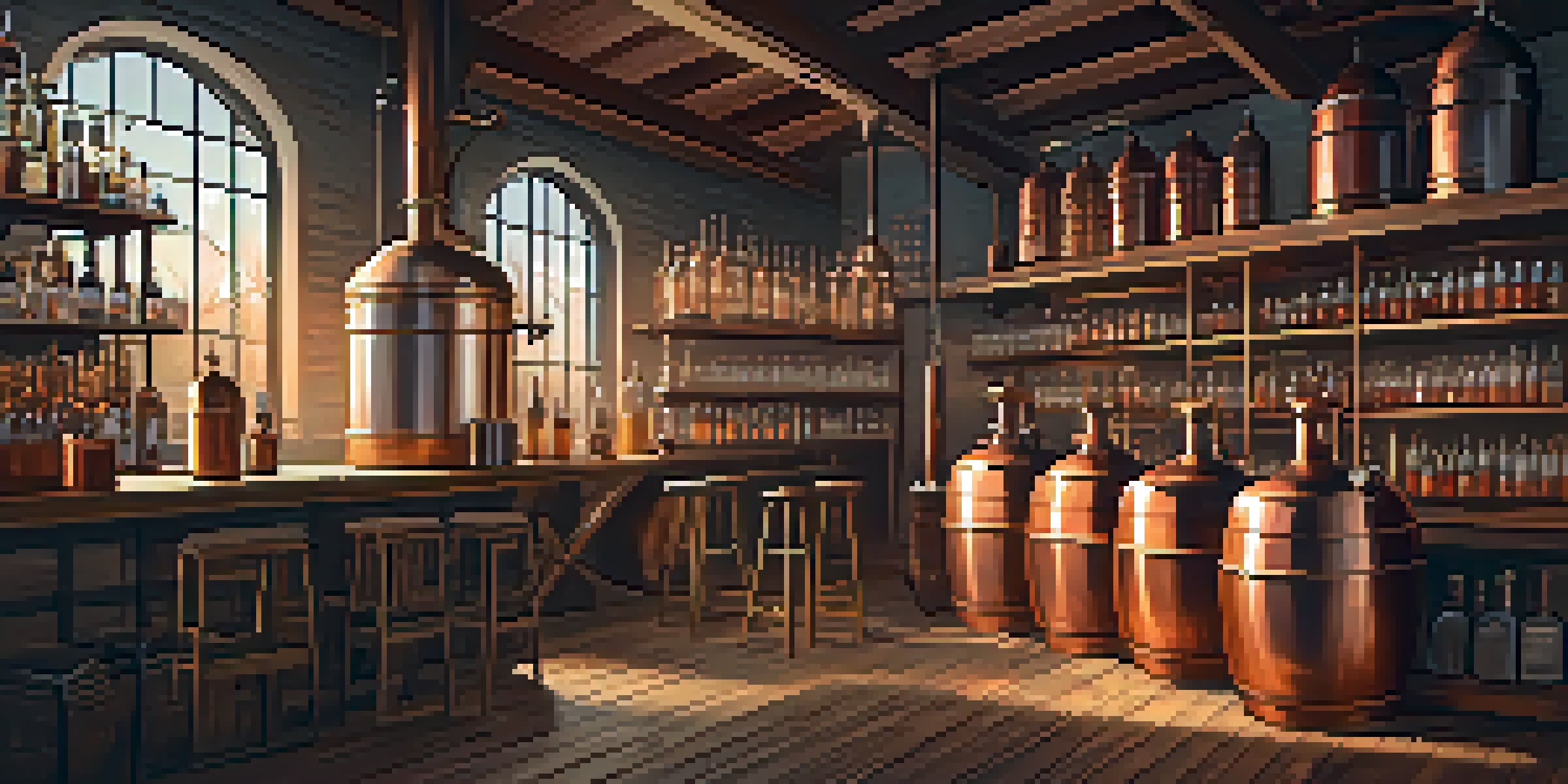 Interior of a craft distillery with copper stills, wooden tasting bar, and shelves of spirits, all warmly lit.
