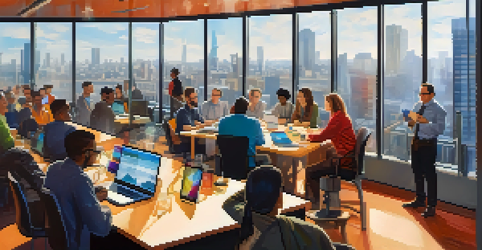 A colorful tech meetup with professionals talking and collaborating in a modern conference room, featuring tech gadgets and a city view.
