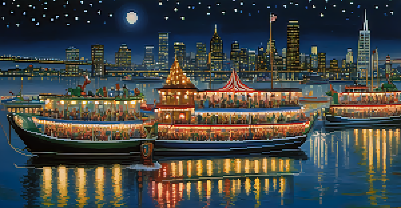 A captivating scene of illuminated boats on San Francisco Bay during the Lighted Boat Parade, with the city skyline in the background.