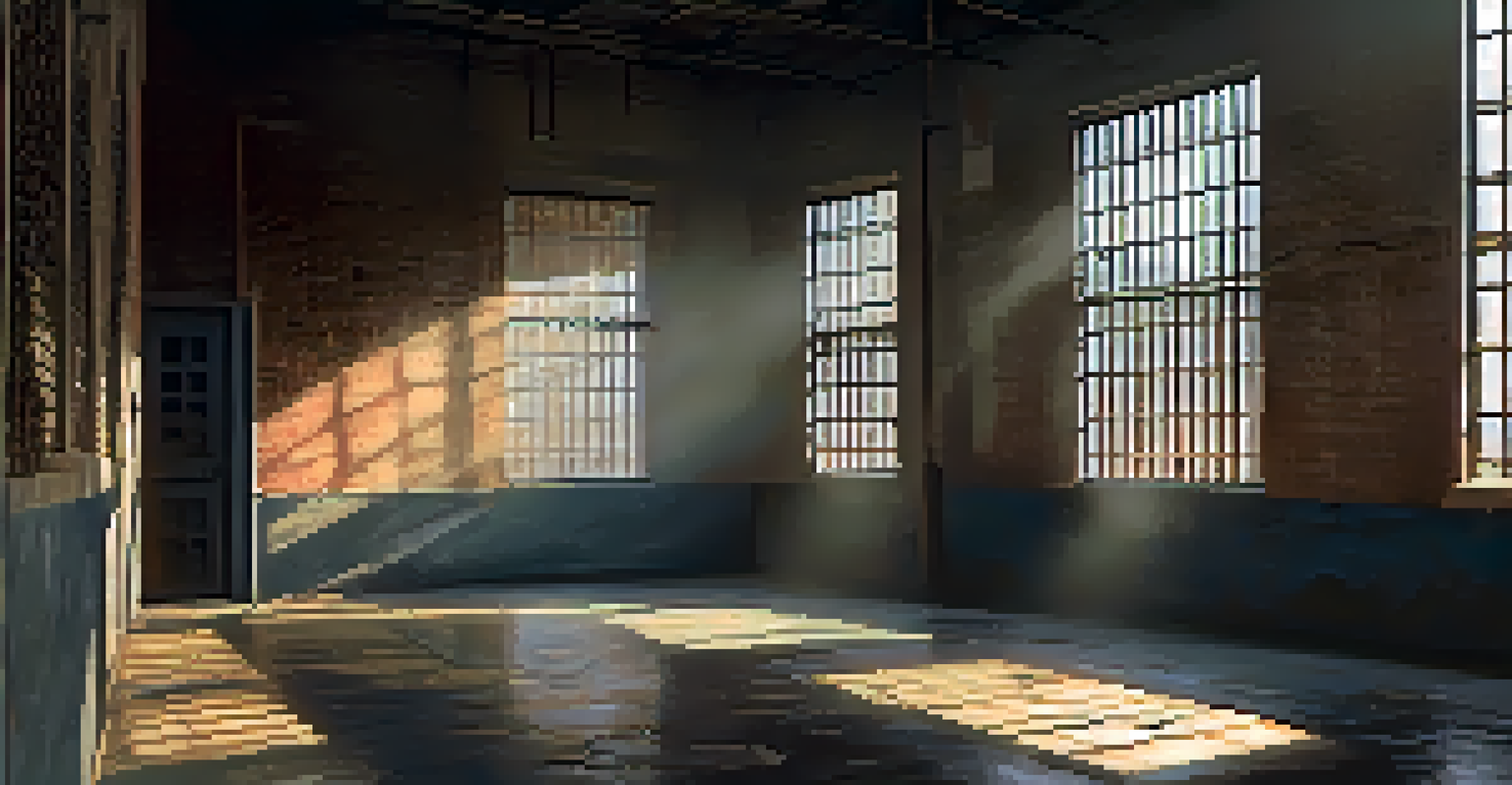 An eerie interior view of Cell Block D in Alcatraz, featuring cold stone walls, rusted bars, and dim lighting creating a chilling ambiance.