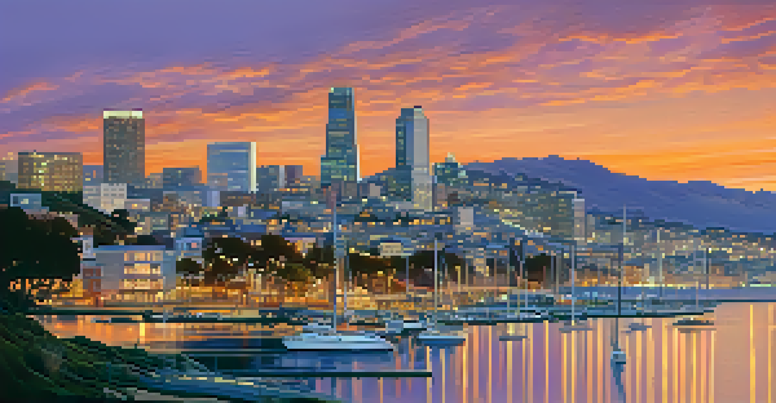 A sunset view of Bayview-Hunters Point with families in the park and modern buildings.