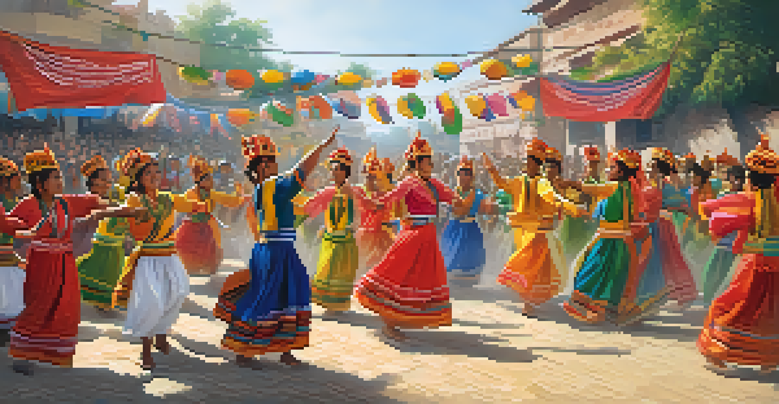 Students wearing traditional attire celebrating at a local festival, surrounded by colorful decorations and a lively crowd.