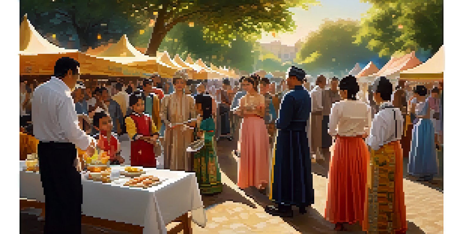 A community gathering in a park with people in traditional costumes enjoying cultural activities and food stalls.
