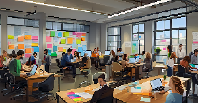A vibrant startup office with diverse entrepreneurs collaborating at a table filled with laptops and coffee, large windows letting in natural light, and a whiteboard in the background.