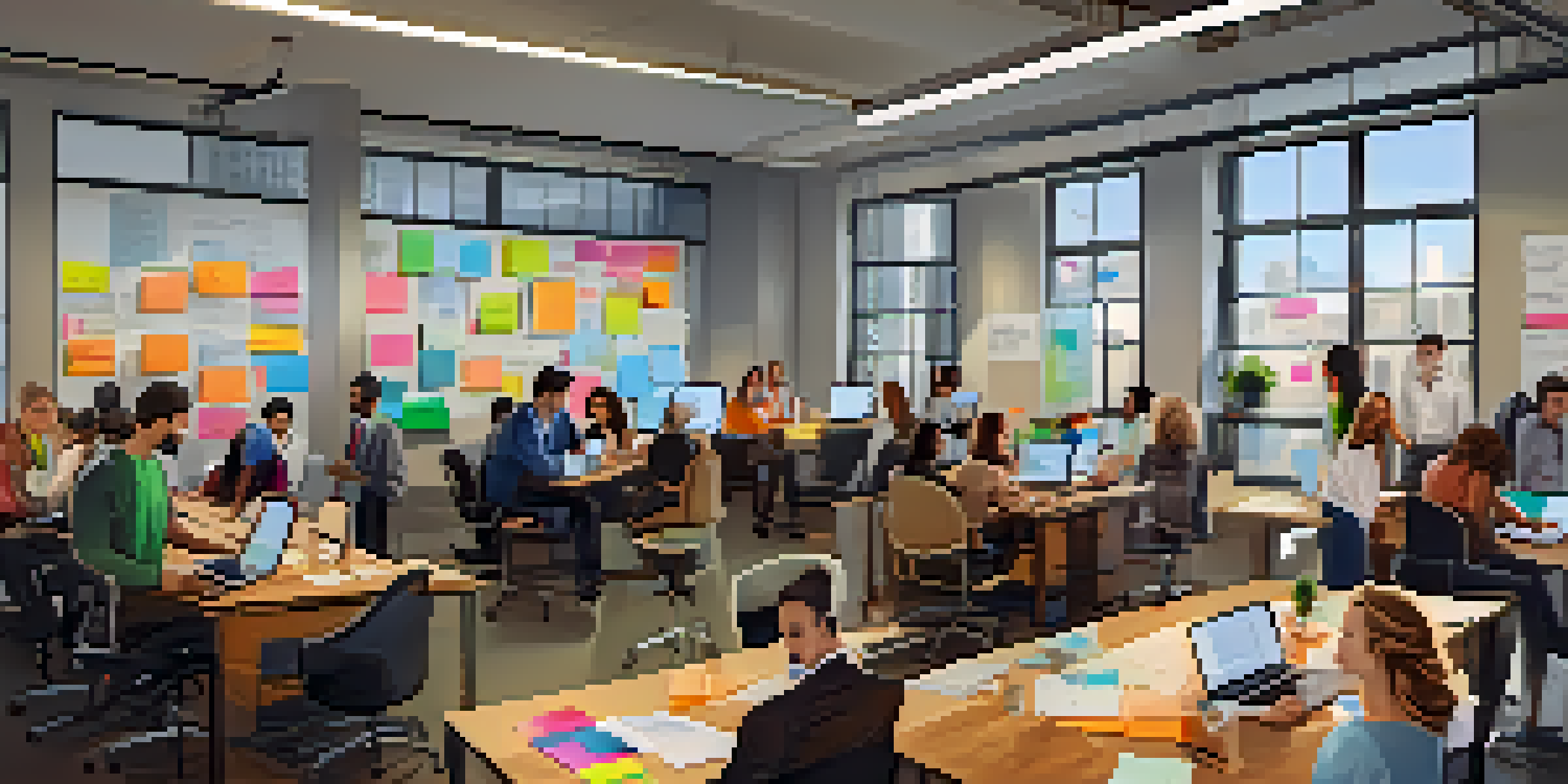 A vibrant startup office with diverse entrepreneurs collaborating at a table filled with laptops and coffee, large windows letting in natural light, and a whiteboard in the background.