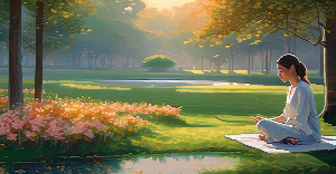 A person practicing mindfulness in a serene park during sunrise, surrounded by blooming flowers and a tranquil pond.
