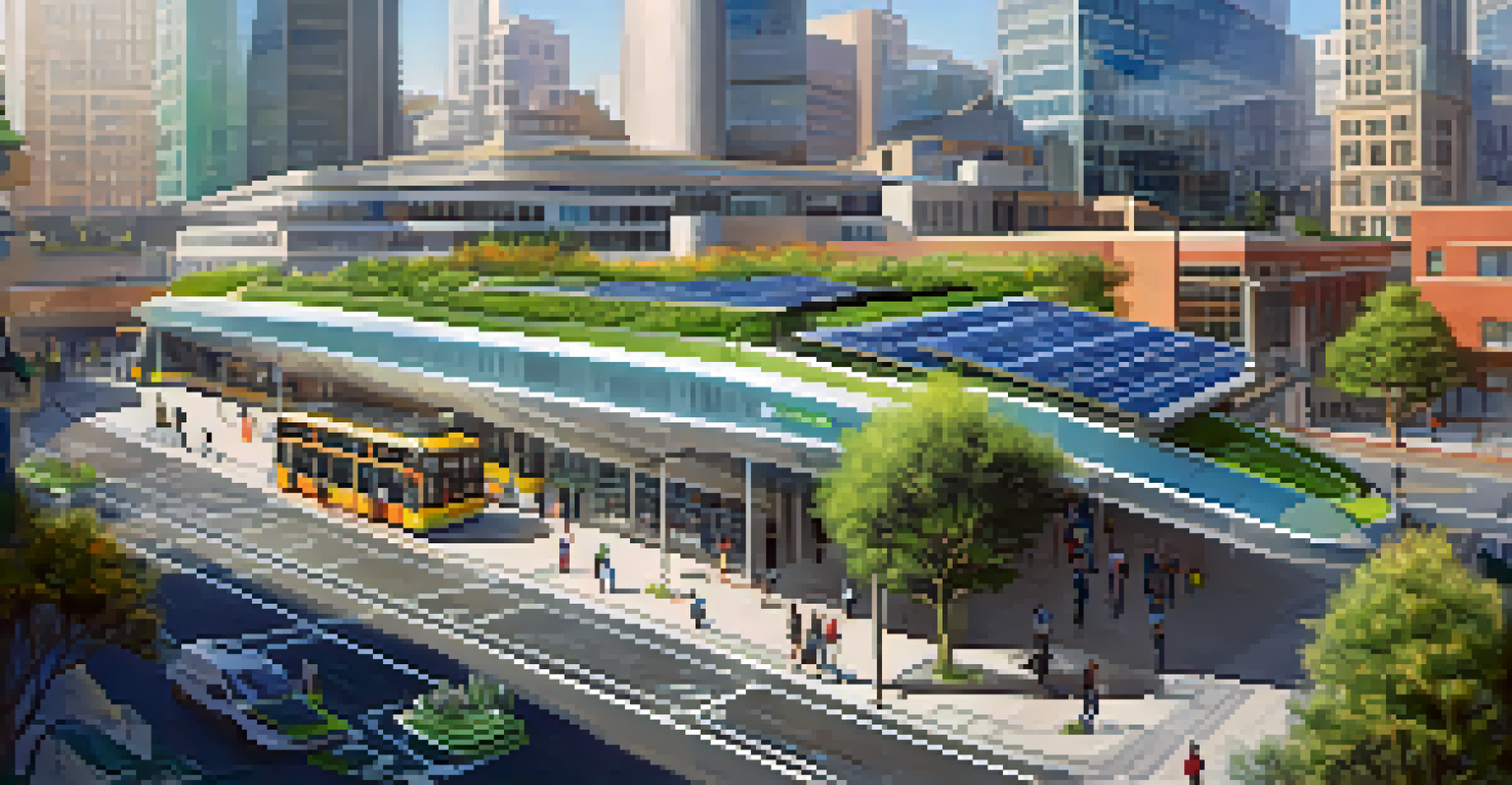 A futuristic transit station in San Francisco showcasing sustainable design, solar panels, and electric buses.