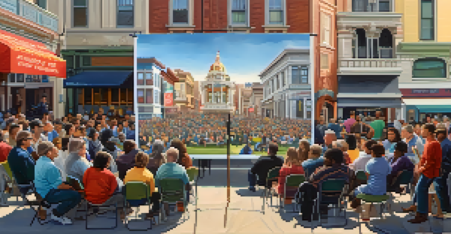 A community meeting with residents discussing the preservation of a historical landmark, set against a San Francisco building.