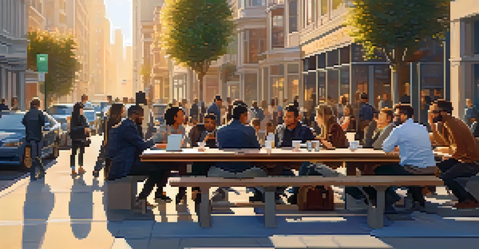 A vibrant San Francisco street scene with tech entrepreneurs discussing outside a modern office during sunset, featuring iconic architecture.