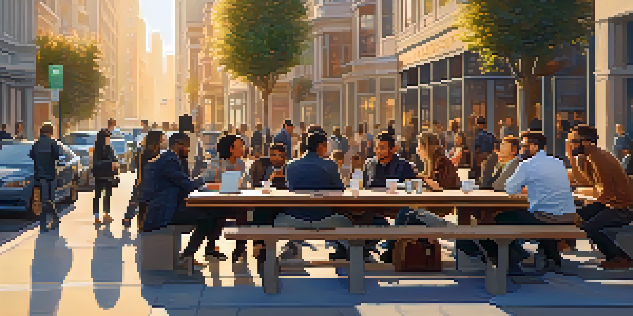A vibrant San Francisco street scene with tech entrepreneurs discussing outside a modern office during sunset, featuring iconic architecture.