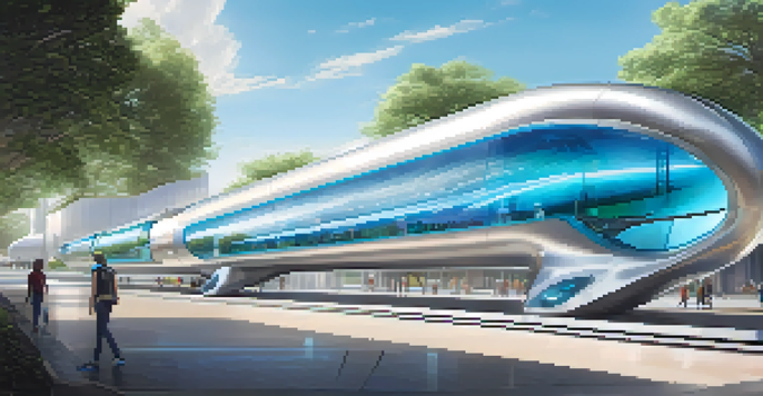 A modern Hyperloop station with futuristic pods and large glass windows, surrounded by greenery and people waiting.