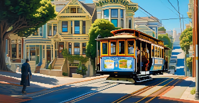 A vintage cable car traveling up a steep hill in San Francisco, surrounded by colorful Victorian houses and greenery under a clear sky.